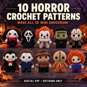 Pode incluir: Um PDF digital contendo 10 padrões de crochê de terror para mini amigurumis. O texto diz 10 HORROR CROCHET PATTERNS, MAKE ALL 10 MINI AMIGURUMI e DIGITAL PDF PATTERNS ONLY. A imagem exibe 10 pequenos personagens de terror feitos de crochê.