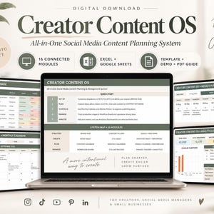 Può includere: Un sistema di pianificazione digitale Creator Content OS visualizzato sullo schermo di un portatile e su diversi tablet. L'interfaccia presenta un database di contenuti, un calendario mensile, un pianificatore settimanale e una dashboard analitica con schemi di colori verde e beige.