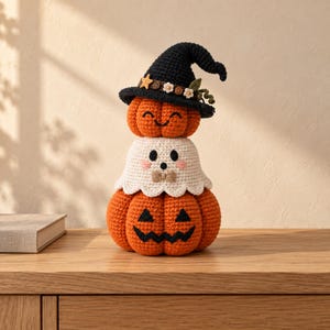 Può includere: Una decorazione all'uncinetto impilata composta da una grande base a forma di zucca arancione, un fantasma bianco con guance rosa e papillon beige al centro, e una piccola zucca che indossa un cappello da strega nero decorato con fiori.
