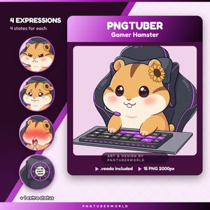 Pode incluir: Uma ilustração digital de um hamster castanho com um girassol, sentado numa cadeira de gaming preta e a usar um teclado. O texto diz PNGTUBER Gamer Hamster, 4 EXPRESSIONS, 4 states for each, 15 PNG 2000px, .veado included, e I'LL BE RIGHT BACK.