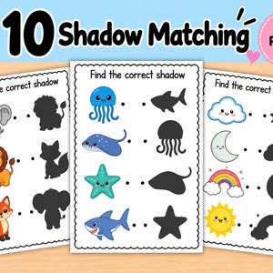 Puede incluir: Tres hojas de actividades educativas tituladas 10 Shadow Matching con 10 Pages. Cada página blanca presenta animales, criaturas marinas e iconos meteorológicos coloridos a la izquierda, con siluetas negras correspondientes a la derecha.