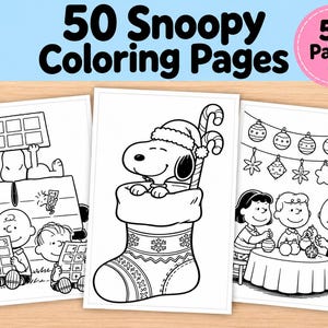 Puede incluir: Una colección digital de 50 páginas para colorear de Snoopy con ilustraciones de líneas en blanco y negro. Las imágenes muestran personajes de la tira cómica Peanuts, incluyendo a Snoopy en un calcetín navideño y escenas con Charlie Brown.