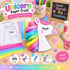 Pode incluir: Um kit de artesanato em papel de unicórnio com um recorte de cabeça de unicórnio branco com uma crina de papel arco-íris, uma folha de modelo, tiras de papel coloridas, uma cola em bastão, tesoura rosa e várias formas de papel para montar.