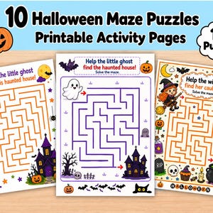 Op de afbeelding: Drie printbare Halloween-activiteitspagina's met doolhofpuzzels. De pagina's bevatten kleurrijke illustraties van geesten, heksen, pompoenen, zwarte katten en spookhuizen met tekst zoals Help the little ghost find his haunted house.