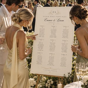 May include: A vertical rectangular wedding seating chart sign on a wooden easel. The white sign features the text EL, PLEASE FIND YOUR SEAT, Emma & Liam, SEPTEMBER 12, 2027, and A LIFETIME TOGETHER, with nine tables listed with guest names in black font.