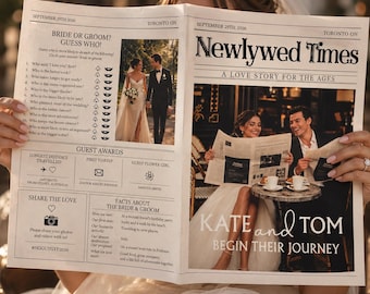 Könnte beinhalten: Eine personalisierte Hochzeitszeitung mit dem Titel Newlywed Times vom 29. September 2026, die ein Quiz, Auszeichnungen für Gäste und ein großes Foto eines Paares mit dem Titel Kate and Tom Begin Their Journey enthält.