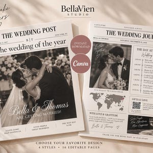 12 Page Editable Wedding Newspaper | Engagement Announcement and Wedding Invitation Template in Canva