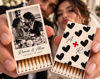 Plantilla de caja de cerillas para bodas, editable en Canva para recuerdos de boda.