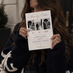 May include: A rectangular Save the Date card featuring three black and white photographs of a couple, the date 10 / 24 / 2026, the names Camilla Rose and Benjamin Carter, and the location Lake Como, Italy, printed in black serif and script fonts.