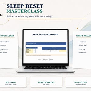 May include: A laptop displaying a Sleep Reset Masterclass dashboard with a Sleep Reset Tracker spreadsheet. Flanking the laptop are two white information sheets detailing the course modules, a 14-day plan, and a sleep log, with text headers.