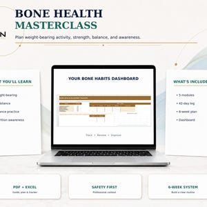 Könnte beinhalten: Ein Laptop zeigt ein Bone Health Masterclass-Dashboard mit Text zu einem 6-Wochen-System, gewichtsbelastenden Übungen und Ernährung. Der Bildschirm zeigt eine Tracking-Tabelle, während Seitenleisten Module und Lernziele auflisten.
