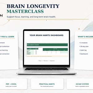 May include: A laptop displaying a Brain Longevity Masterclass dashboard with a Brain Longevity Tracker spreadsheet. Text includes What You'll Learn, What's Included, PDF + Excel, Practical Habits, and 28-Day System on a white background.