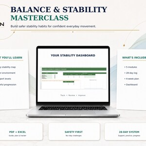 May include: A laptop displaying a Balance & Stability Masterclass dashboard with text detailing a 28-day log, 5 modules, and a 4-week plan. The screen shows a stability tracker, while surrounding text lists learning goals and system features.