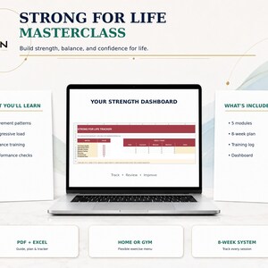 May include: A laptop displaying a Strong for Life Masterclass dashboard with a strength tracker spreadsheet. Flanking the laptop are two white information cards detailing learning objectives, module inclusions, and an 8-week training plan.