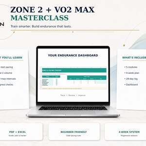 May include: A laptop displaying a Zone 2 and VO2 Max Masterclass endurance dashboard. The screen shows a tracking spreadsheet. Two white cards flank the laptop, listing learning objectives and included materials like a 4-week plan and 28-day log.