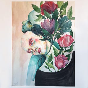 Original Watercolor Painting – Romantic Couple with Flowers – Expressive Portrait – Trust and Calm – Large A3