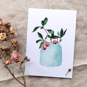 Carte de vœux aquarelle – Vase aux baies rouges – Fine et noble – Pour anniversaires, mariages et fête des mères – DIN A6