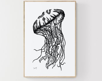 Ink drawing • Jellyfish • Underwater World • Printable Art • Digital File • Wall Art