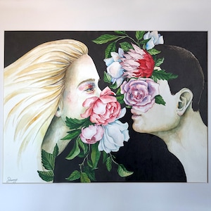 Original Watercolor Painting – Portrait of Couple and Flowers – Kiss – Colorful, Botanical – Dramatic Composition – Exhibited & Unique