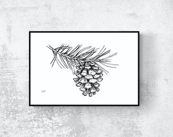 Ink Drawing • Botanical • Pine • Printable Art • Digital File • Wall Art