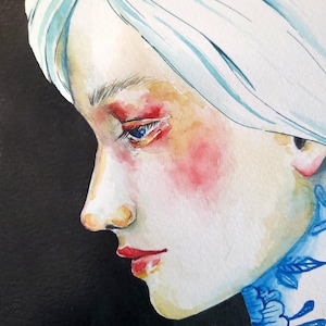 Original Watercolor Painting – Hand-Painted Floral and Portrait Art – Porcelain Design – Unique Artwork for Art Lovers