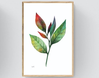 Aquarelle Painting • Botanical • Red Leaves • Printable Art • Digital File • Wall Art