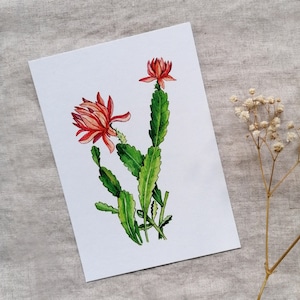 Carte de vœux avec motif végétal aquarelle, cactus en fleurs – Minimaliste – Anniversaire – Peinture botanique – Din A6