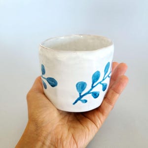 Handmade and Hand Painted – Coffee Mug with Blue Leaf Pattern Outside and Dotted Interior – One of a Kind