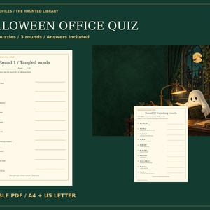 Pode incluir: Um conjunto de questionários de escritório para o Halloween em PDF imprimível, com duas páginas de cor creme e texto preto. A primeira página intitula-se Round 1 / Tangled words e a segunda Round 2 / Vanishing vowels, com uma ilustração de biblioteca.