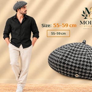 May include: A black and white plaid beret with a small metallic detail at the front edge. The hat is labeled with a size of 55-59 cm. The design features a classic rounded shape with a small top center accent, crafted in a textured fabric.