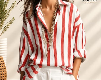 Womens Striped Button Down Blouse, Oversized Loose Fit Top, Long Sleeve Lapel Collar, Casual Everyday Wear
