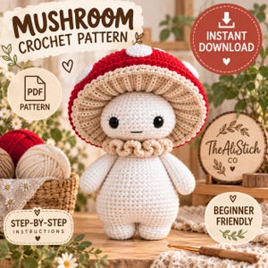 Patrón de ganchillo de un muñeco seta, peluche de seta amigurumi, muñeco seta de ganchillo grueso, patrón de seta en PDF, descarga digital