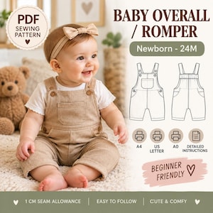 Puede incluir: Un patrón de costura en PDF para un peto de bebé, tallas de recién nacido a 24 meses. La imagen muestra a un niño con un peto beige sobre una camiseta blanca con una diadema de lazo, junto a dibujos técnicos e iconos de impresión.