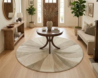 Modern Subtle Earth Tones Wave Round Rug– Cream Beige Artistic Pastel Accent Oval Mat-Earthy