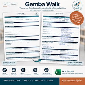 May include: A Gemba Walk document set featuring a blank template and a completed manufacturing case study. The forms include sections for selection, connection, understanding, protection, and action, with text headers and an Excel template icon.