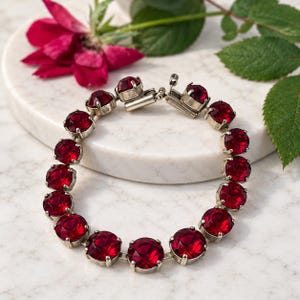 Vintage Red Rhinestone Tennis Bracelet, 1950s Mid Century Ruby Crystal Bracelet, Retro Silver Tone Statement Jewelry