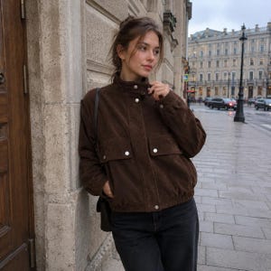 Può includere: Una giacca in camoscio marrone scuro con colletto alto, maniche lunghe e due tasche frontali con patta e bottoni a pressione in metallo argentato. La giacca ha una vestibilità strutturata con orlo stretto ed è abbinata a jeans grigio scuro.