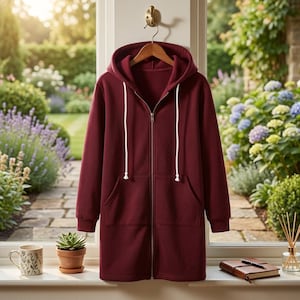 May include: A long-length, deep burgundy zip-up hoodie featuring a hood with white drawstring cords, long sleeves with ribbed cuffs, and two front patch pockets. The garment is displayed on a wooden hanger against a window background.