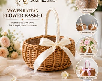 Woven Rattan Storage Basket, Handmade Flower Basket, Rustic Wedding Decor, Flower Girl Accessory