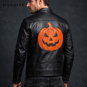Black Leather Halloween Jacket, Pumpkin Patch Gothic Jacket, Men's Spooky Costume, Dark Fantasy Halloween Coat, Scary Pumpkin Jacket.