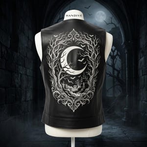 Può includere: Un gilet nero con una stampa grafica bianca sul retro. Il disegno raffigura una luna crescente, un castello e alberi spogli incorniciati da volute ornamentali. La parola HANDIVE è stampata in piccole lettere nere vicino allo scollo del capo.