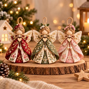 May include: Three handcrafted angel ornaments featuring fabric dresses in red, green, and pink with floral patterns, lace trim, and gold embroidery. Each angel has a wooden bead head, twine hair, a small wooden heart, and a jute loop for hanging.