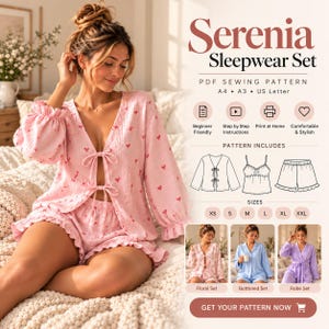 May include: A Serenia Sleepwear Set PDF sewing pattern featuring a light pink long-sleeved top with red heart prints, tie closures, and matching ruffled shorts. Includes instructions for sizes XS to XXL, with visual guides for floral, buttoned, and robe sets.