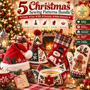 Puede incluir: Un paquete digital de 5 patrones de costura navideños que incluye un gorro de Papá Noel rojo, un sombrero de fiesta cónico, un calcetín rojo con un muñeco de nieve, un guante de cocina rojo y verde con un hombre de jengibre y un cuenco.