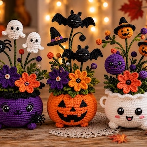 May include: Three crocheted Halloween-themed planters featuring a purple cauldron with a spider, an orange jack-o'-lantern, and a white pot. Each contains crocheted flowers, ghosts, bats, and small pumpkins on green stems, creating a festive display.