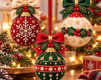 May include: Three round felt Christmas ornaments hanging by red ribbons. One is red with white snowflake embroidery, one is cream with green holly and red berries, and one is green with gold floral embroidery and red ribbon accents.