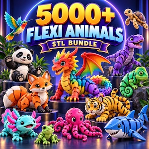 以下が含まれることがあります： 5000種類以上のフレキシブルな動物STLファイルのデジタルコレクション。中央の虹色のドラゴンを中心に、パンダ、キツネ、ウーパールーパー、カエル、タコ、トラ、サメ、カメレオン、恐竜、ハチドリなど、様々な関節可動式の生き物が配置されています。