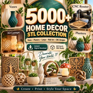 Pode incluir: Uma coleção digital de mais de 5000 arquivos STL de decoração para casa para impressão 3D e roteamento CNC. A imagem exibe vários vasos, lâmpadas, floreiras e designs de arte de parede, incluindo um painel de árvore da vida e uma lâmpada de cogumelo.