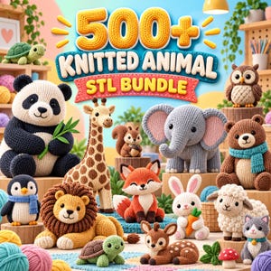 Può includere: Una grafica digitale con il testo 500+ KNITTED ANIMAL STL BUNDLE, circondata da varie figure di animali all'uncinetto tra cui un panda, una giraffa, un elefante, un leone, una volpe, un coniglio, una pecora, un gufo, un pinguino e un cervo.