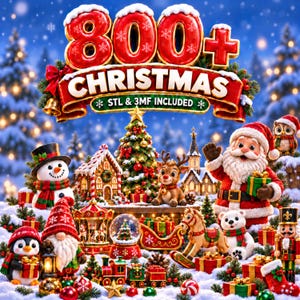 May include: A digital graphic featuring the text 800+ CHRISTMAS STL & 3MF INCLUDED above a festive scene with a snowman, gingerbread house, Christmas tree, reindeer, Santa Claus, penguin, gnome, carousel, snow globe, sleigh, horse, bear, and nutcracker.